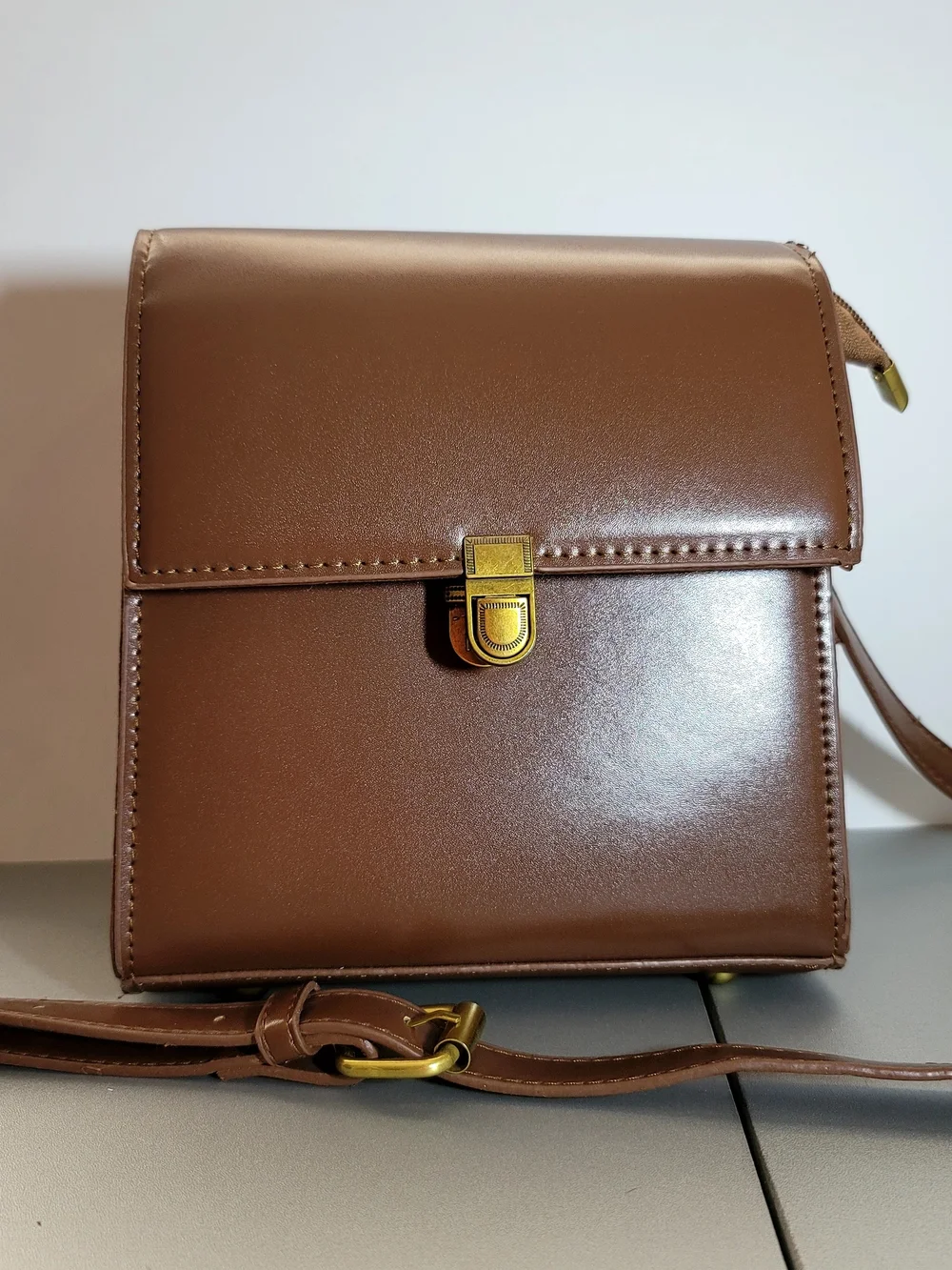 Brown Structured Crossbody Bag with Gold Hardware